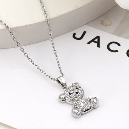 304 Stainless Steel Copper Inlay Little Bear Bear Zircon Pendant Necklace