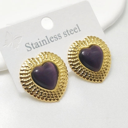 1 Pair Elegant Retro Commute Heart Shape Inlay 304 Stainless Steel Artificial Gemstones Ear Studs