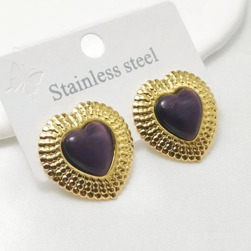 1 Pair Elegant Retro Commute Heart Shape Inlay 304 Stainless Steel Artificial Gemstones Ear Studs