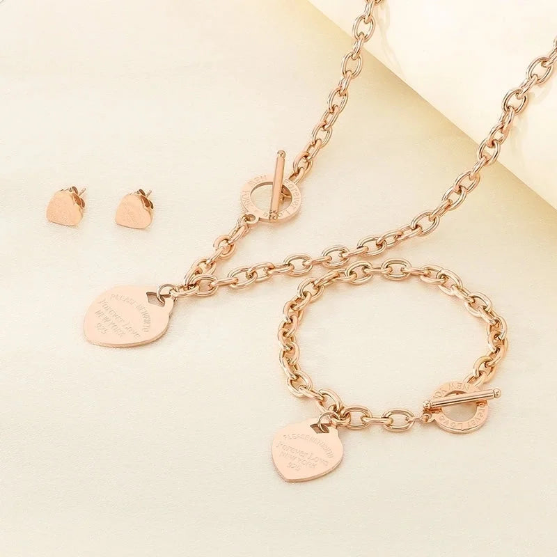 Minimalist Heart Shape 304 Stainless Steel 18K Gold Plated Jewelry Set
