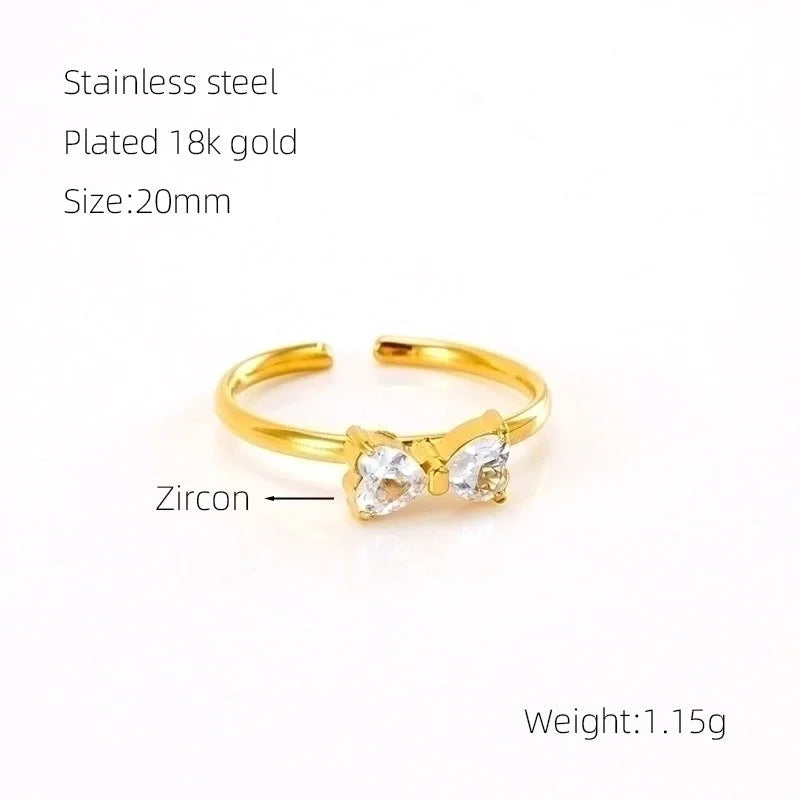 304 Stainless Steel 18K Gold Plated Retro Sweet Plating Inlay Bow Knot Zircon Open Rings