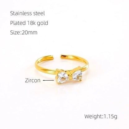 304 Stainless Steel 18K Gold Plated Retro Sweet Plating Inlay Bow Knot Zircon Open Rings