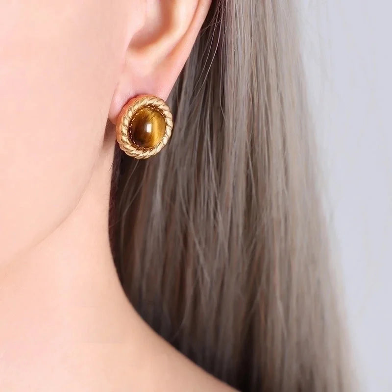 Retro French Style Solid Color Titanium Steel Natural Stone Turquoise 18K Gold Plated Plating Inlay Earrings Necklace Jewelry Set