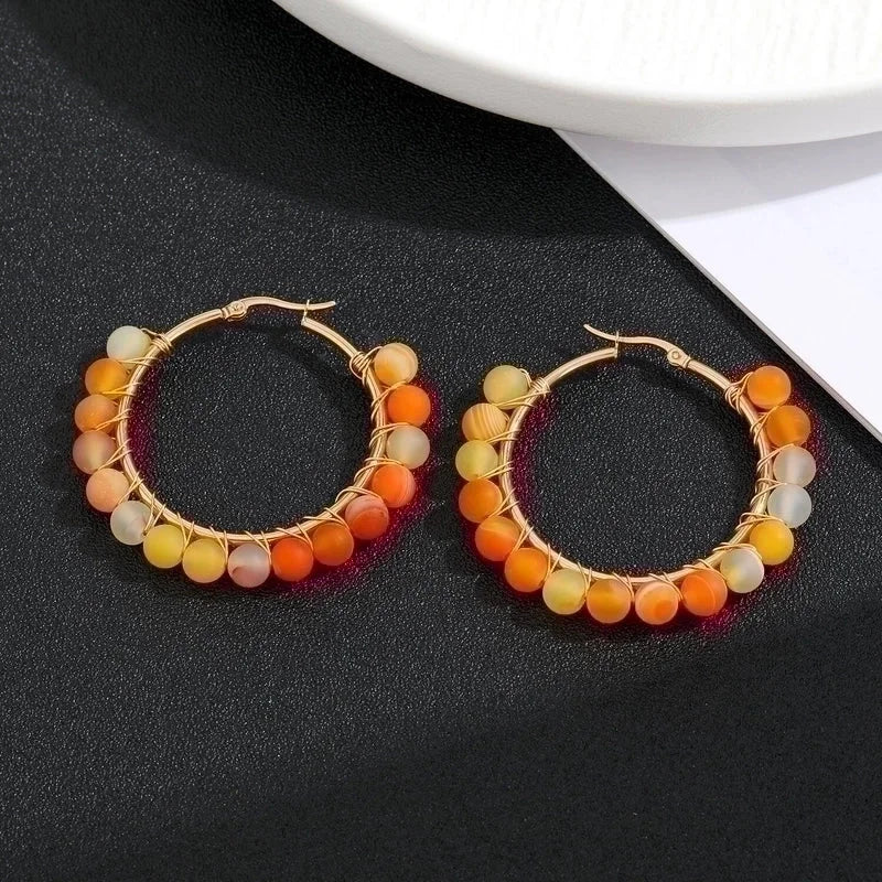 2 Pieces Retro Geometric Handmade Stainless Steel Natural Stone Earrings
