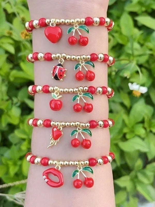 Casual Minimalist Cherry Heart Shape Apple Copper 18K Gold Plated Polishing Enamel Bracelets