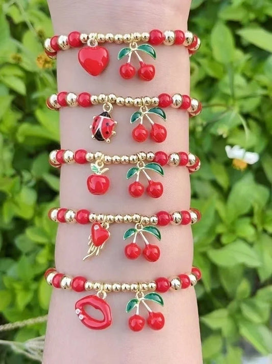 Casual Minimalist Cherry Heart Shape Apple Copper 18K Gold Plated Polishing Enamel Bracelets