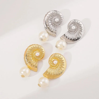 12627 Cross-border Beach Fashion Pearl Conch Metal Earrings Temperament Simple All-match Summer Holiday Earrings