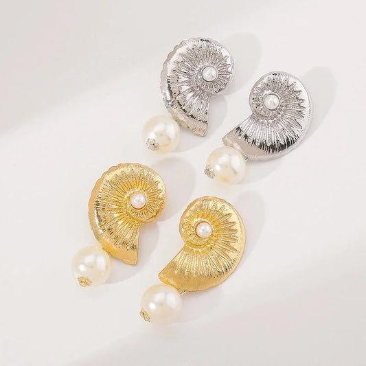 12627 Cross-border Beach Fashion Pearl Conch Metal Earrings Temperament Simple All-match Summer Holiday Earrings