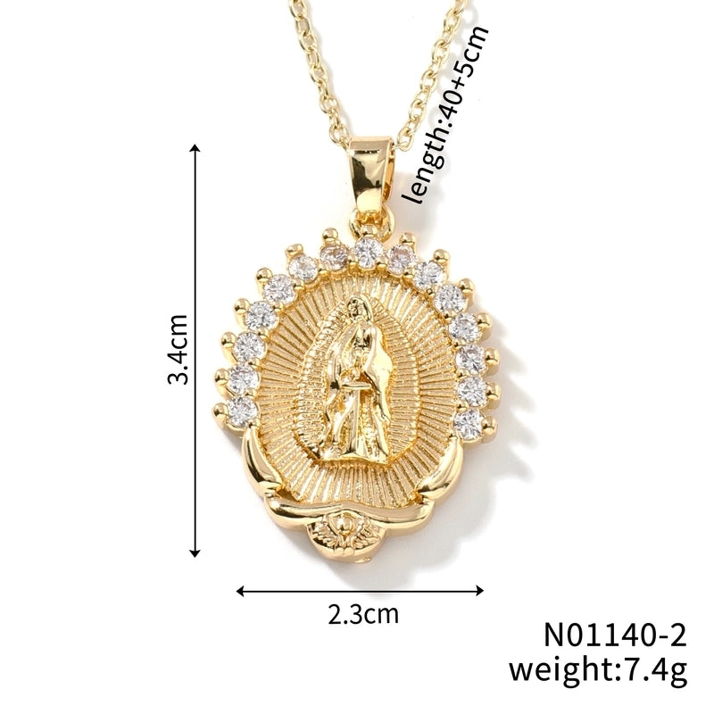 Vintage Style Classic Style Geometric Round Virgin Mary 304 Stainless Steel Copper Zircon K Gold Plated Inlay Pendant Necklace