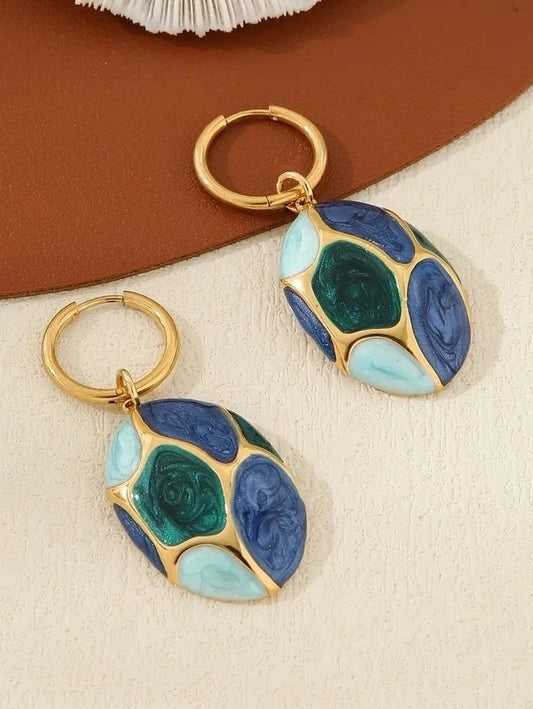 1 Piece Retro Artistic Color Block Oval 304 Stainless Steel Glass 18K Gold Plated Drop Earrings