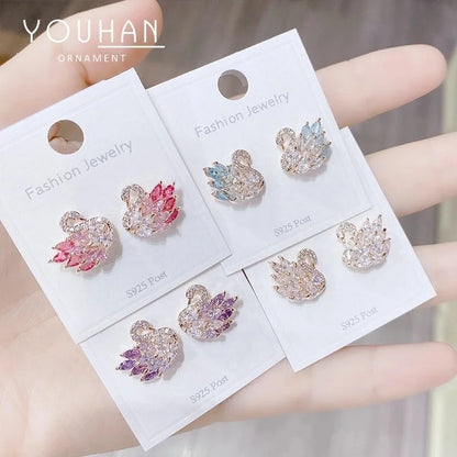 Cute Swan Copper Inlaid Zircon Earrings 1 Pair