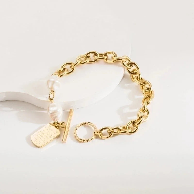 3 Pieces Elegant Vintage Style Heart Shape Lock 304 Stainless Steel Baroque Pearls 18K Gold Plated Bracelets In Bulk