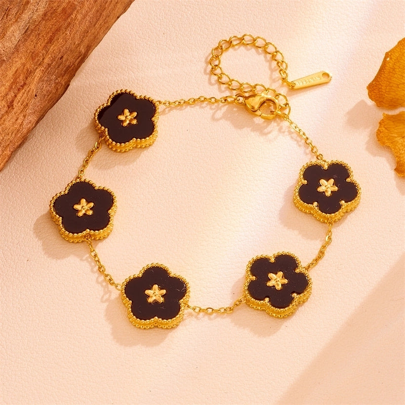 Sweet Minimalist Flower Titanium Steel Artificial Gemstones Turquoise Shell Inlay Jewelry Set