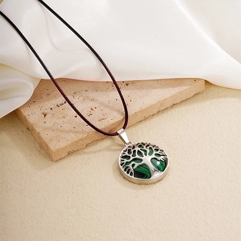 Ig Style Minimalist Round Tree Stainless Steel Natural Stone Leather Rope Inlay Natural Stone Pendant Necklace