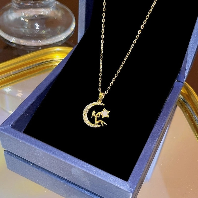 Elegant Classic Style Geometric Moon Bow Knot Titanium Steel Zircon Pendant Necklace