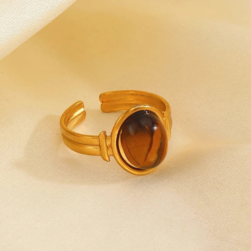 Vintage Style Oval 304 Stainless Steel Natural Stone 18K Gold Plated Plating Inlay Open Rings