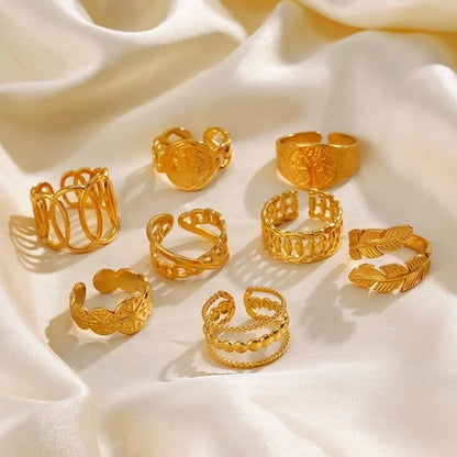 IG Style Leaves Solid Color Lines 304 Stainless Steel 18K Gold Plated Open Rings In Bulk