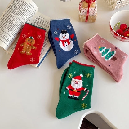 Christmas Cartoon Style Women's Christmas Tree Santa Claus Snowman Cotton Crew Socks A Pair