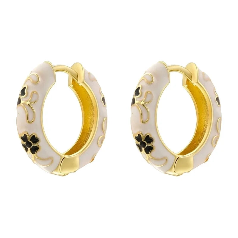 1 Pair Chinoiserie Vintage Style Round Petal Enamel Plating Copper 18K Gold Plated Earrings