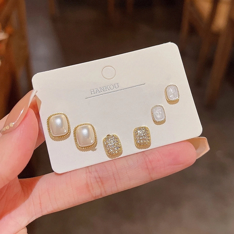 1 Set Minimalist Geometric Enamel Plating Inlay Copper Rhinestones Opal Shell Earrings