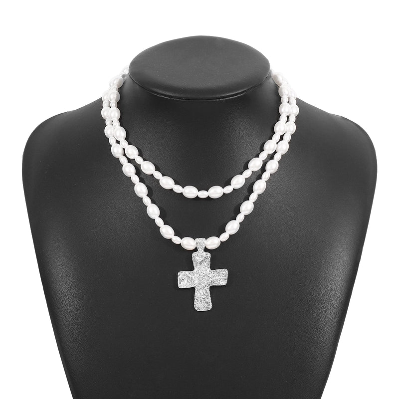 Elegant Glam Streetwear Cross Imitation Pearl Alloy Double Layer Necklaces