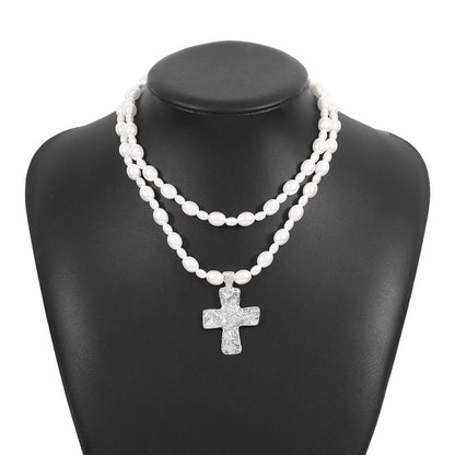 Elegant Glam Streetwear Cross Imitation Pearl Alloy Double Layer Necklaces
