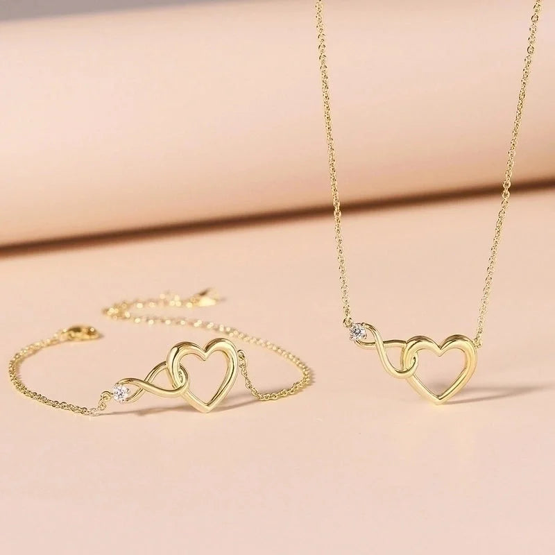 Sweet Minimalist Infinity Heart Shape Copper Inlay Zircon Bracelets Necklace