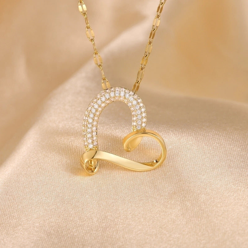 Hip-Hop Minimalist Shiny Heart Shape 304 Stainless Steel Copper Zircon 18K Gold Plated Inlay Pendant Necklace