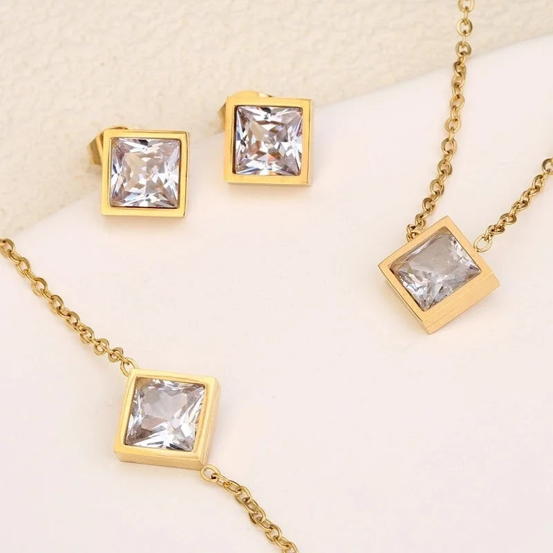 3 Pieces Minimalist IG Style Geometric 304 Stainless Steel Zircon Inlay Stainless Steel Jewelry Sets