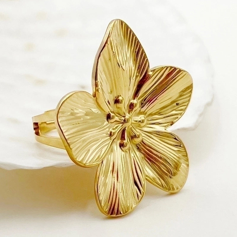 Vintage Style Flower 304 Stainless Steel 14K Gold Plated Plating Open Ring