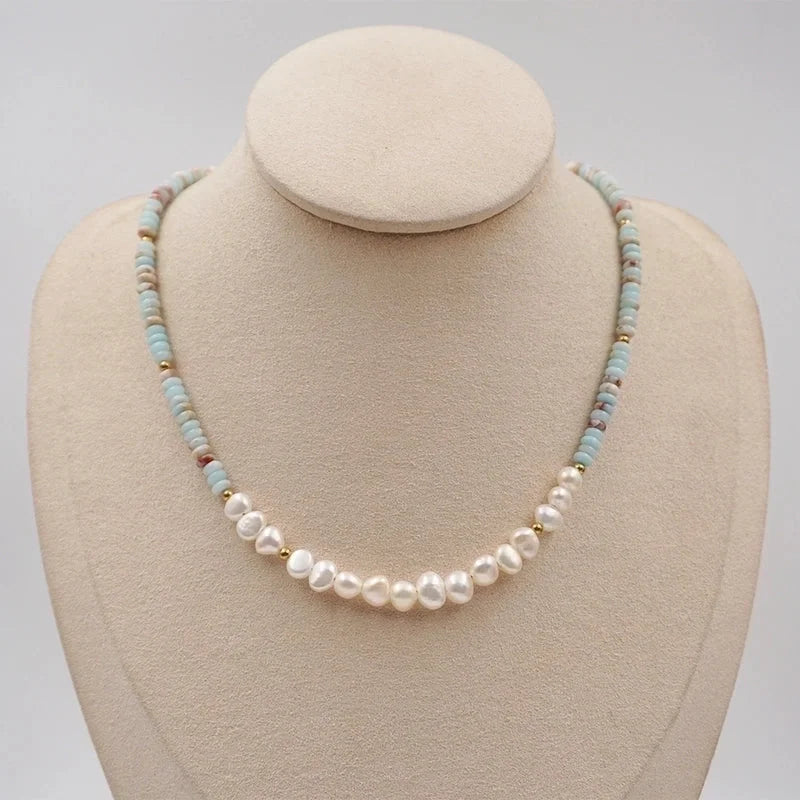 304 Stainless Steel Turquoise Freshwater Pearl Gold Plated Casual Minimalist Classic Style Beaded Handmade Geometric Necklace