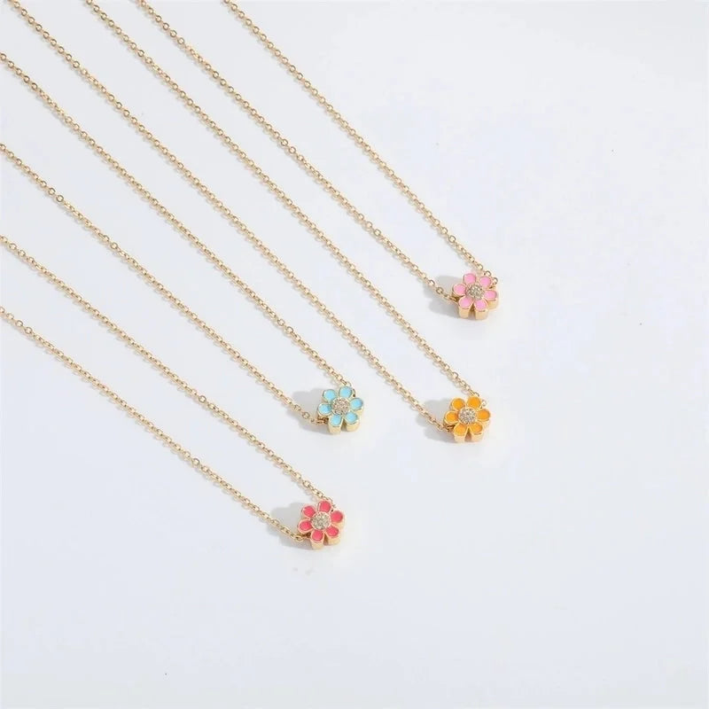Copper 14K Gold Plated Enamel Flower Zircon Pendant Necklace