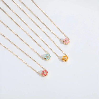 Copper 14K Gold Plated Enamel Flower Zircon Pendant Necklace