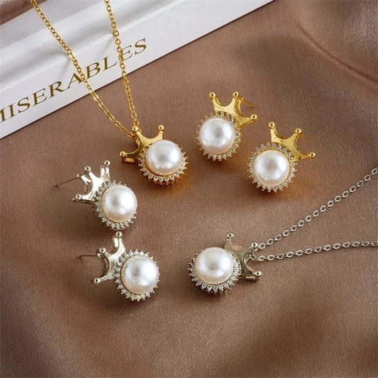304 Stainless Steel Copper Inlay Crown Artificial Pearls Earrings Necklace