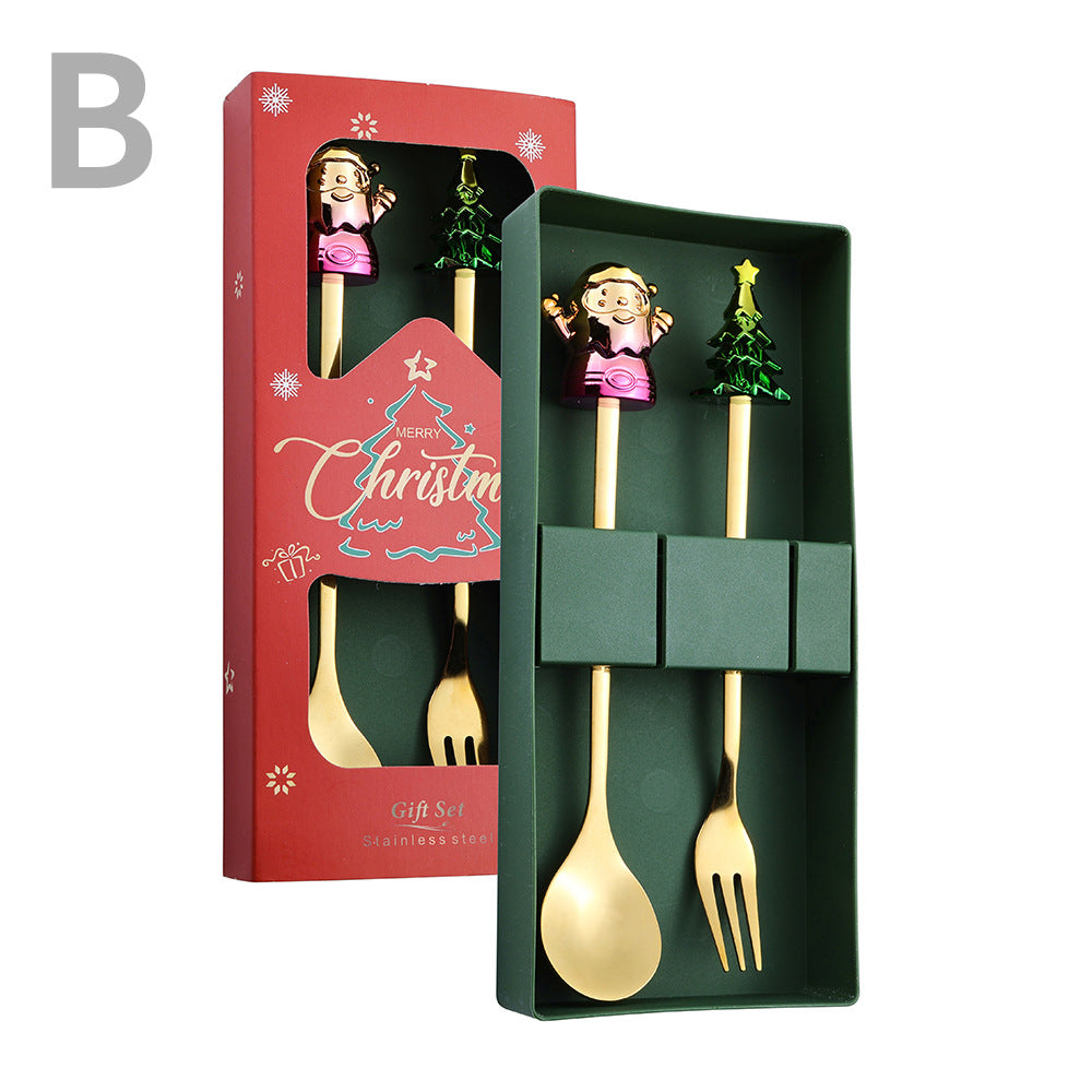 J Christmas Spoon Set Cartoon Colorful Santa Claus Christmas Tree Spoon Fork Coffee Dessert Spoon Gift Box