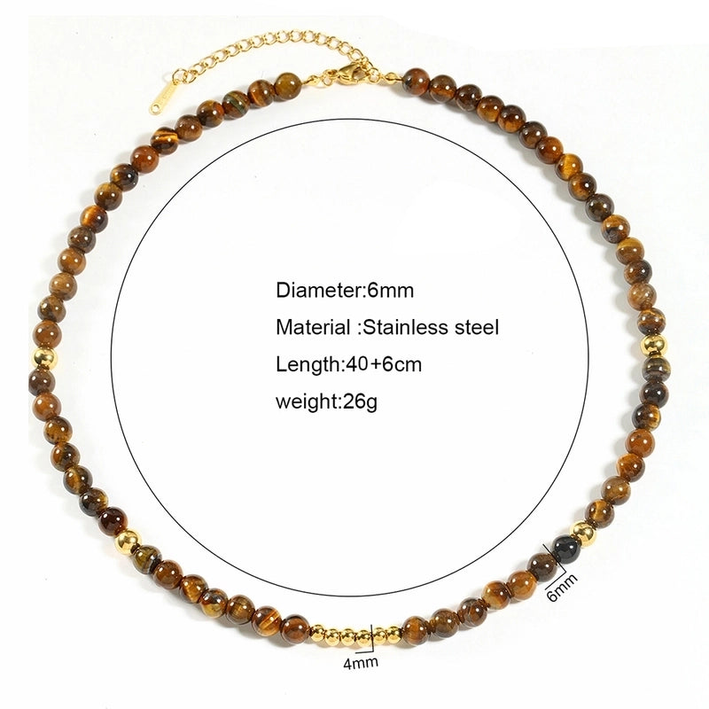 Vintage Style Classic Style Round 304 Stainless Steel Natural Stone Beaded Chain Necklace In Bulk