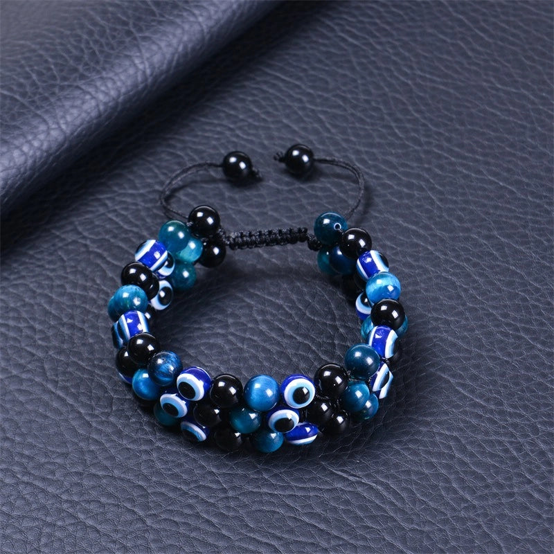 Fashion Bracelet Natural Blue Tiger Eye Handmade Woven Evil Eye Bracelet Men's Three-layer Bracelet
