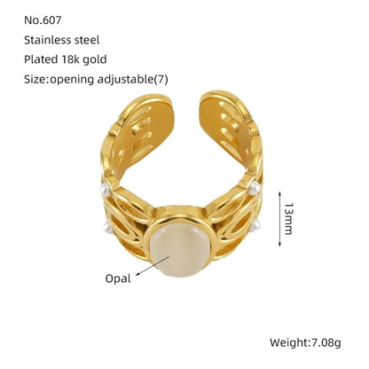 304 Stainless Steel 18K Gold Plated Minimalist Plating Inlay Round Natural Stone Open Rings