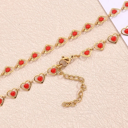 Sweet Minimalist Double Heart Heart Shape 304 Stainless Steel 18K Gold Plated Polishing Enamel Plating Necklace
