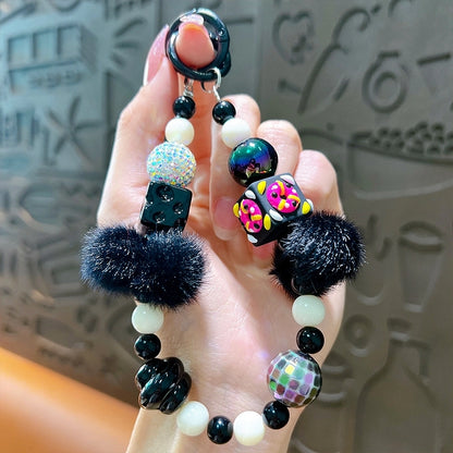 Creative Hand-painted Beads Plush Beaded Mobile Phone Chain Keychain Bag Hanging Headphone Bag Mobile Phone Case Accessories Beaded Chain