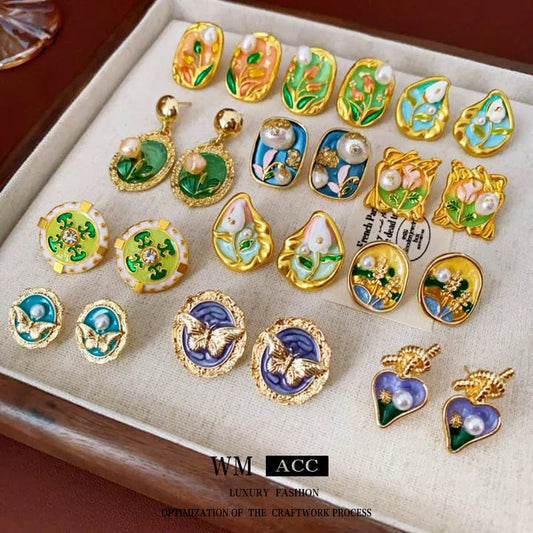 Medieval Flower Geometric Flower Copper Oil Dripping Earrings