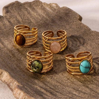 Vintage Style Modern Style Minimalist Oval 304 Stainless Steel Natural Stone 18K Gold Plated Hollow Out Inlay Open Rings