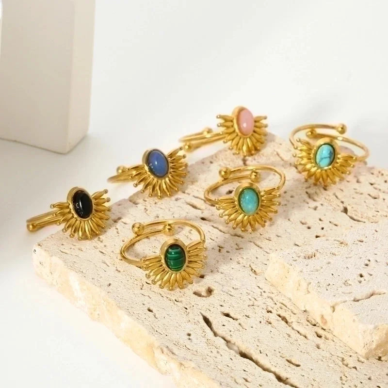 304 Stainless Steel 18K Gold Plated Casual Minimalist Polishing Plating Geometric Natural Stone Adjustable Ring