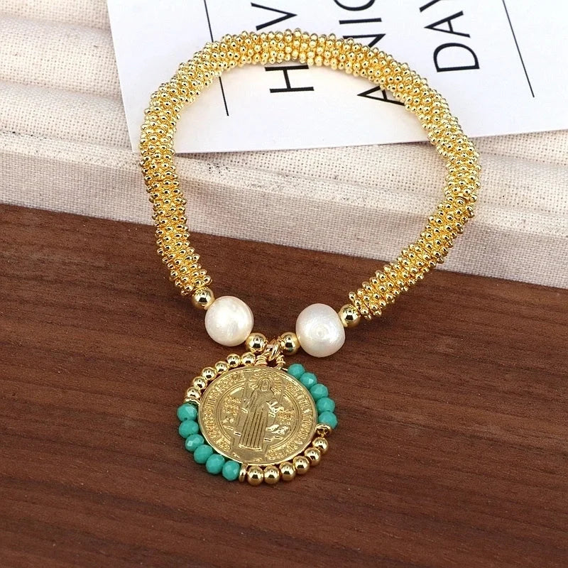 Copper 18K Gold Plated Handmade Pearl Human Round Virgin Mary Crystal Bracelets