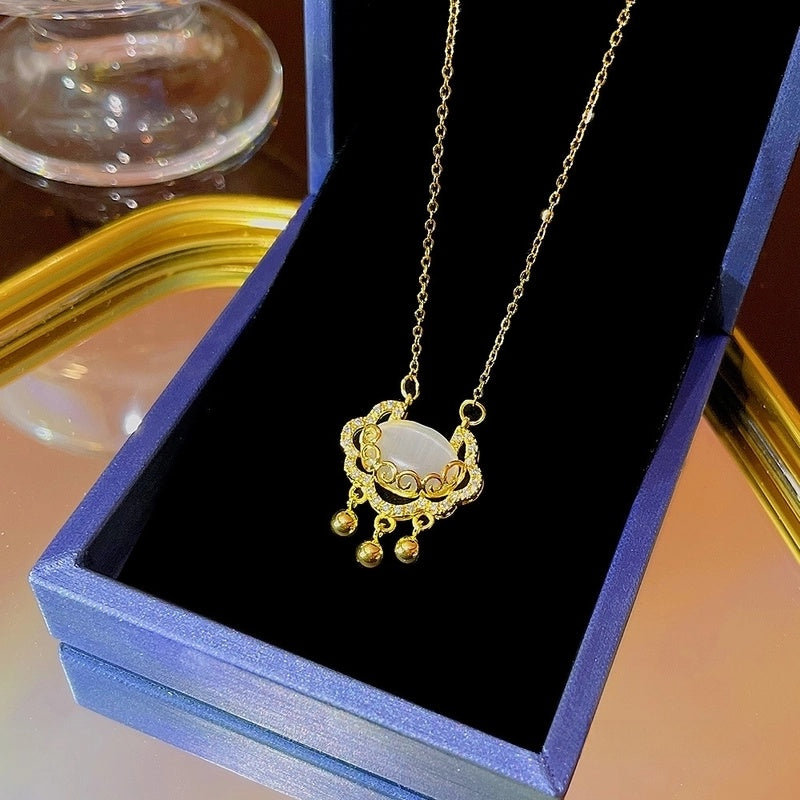 Elegant Classic Style Geometric Moon Bow Knot Titanium Steel Zircon Pendant Necklace