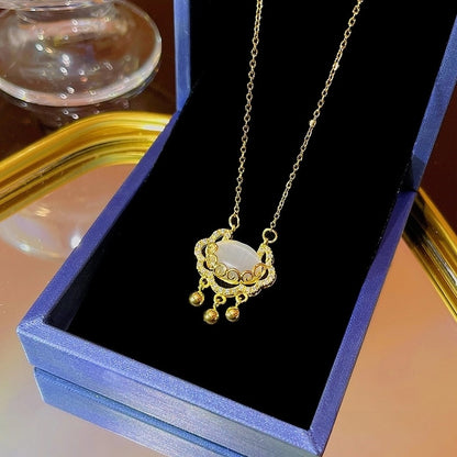 Elegant Classic Style Geometric Moon Bow Knot Titanium Steel Zircon Pendant Necklace