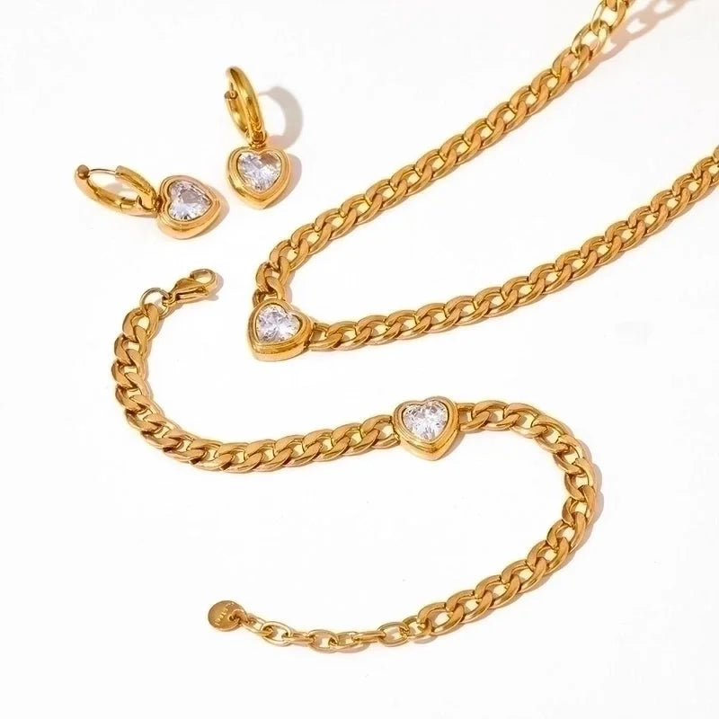 3 Pieces 304 Stainless Steel 16K Gold Plated White Gold Plated Gold Plated Minimalist Inlay Heart Shape Zircon Bracelets Earrings Necklace