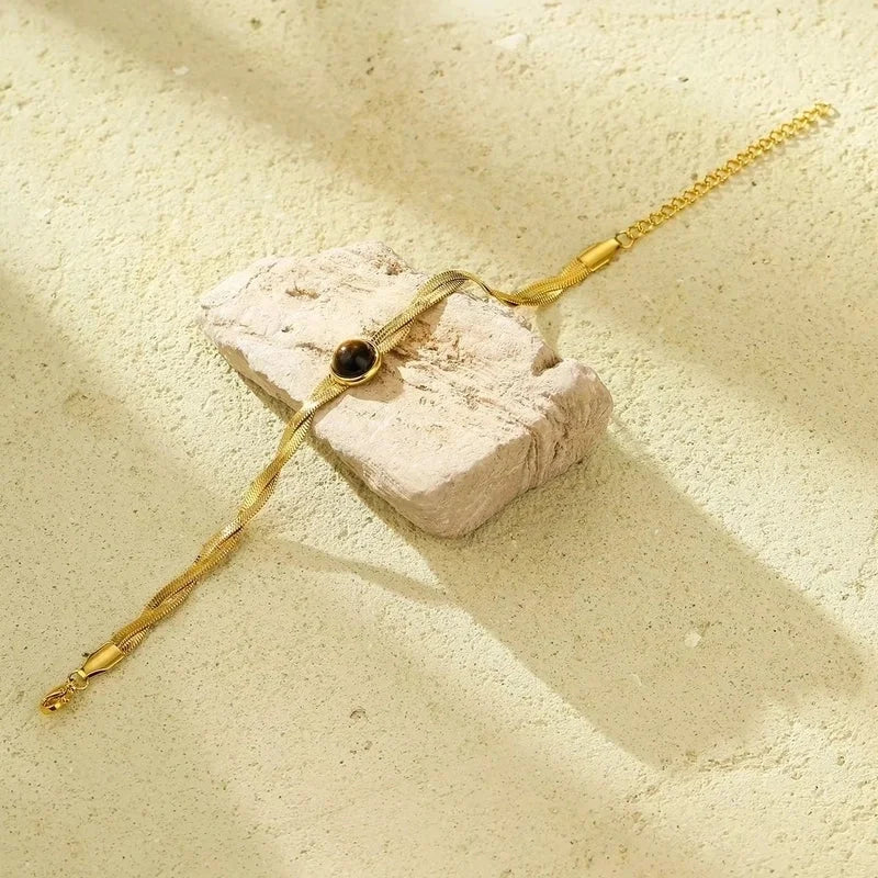 IG Style Geometric 304 Stainless Steel 18K Gold Plated Natural Stone Snake Chain Bracelets In Bulk