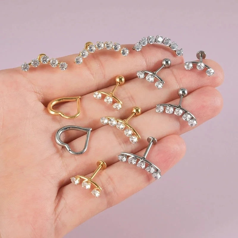 2 Pieces Ear Cartilage Rings & Studs Casual Vacation Minimalist Geometric Heart Shape 304 Stainless Steel Inlay Zircon 18K Gold Plated Lip Rings Ear Cartilage Rings & Studs