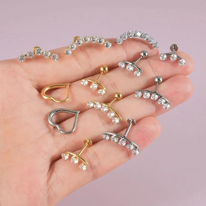 2 Pieces Ear Cartilage Rings & Studs Casual Vacation Minimalist Geometric Heart Shape 304 Stainless Steel Inlay Zircon 18K Gold Plated Lip Rings Ear Cartilage Rings & Studs